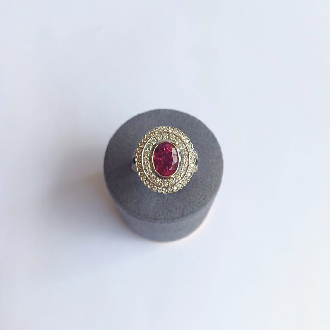White Gold Rubelite & Diamond Double Halo Dress Ring