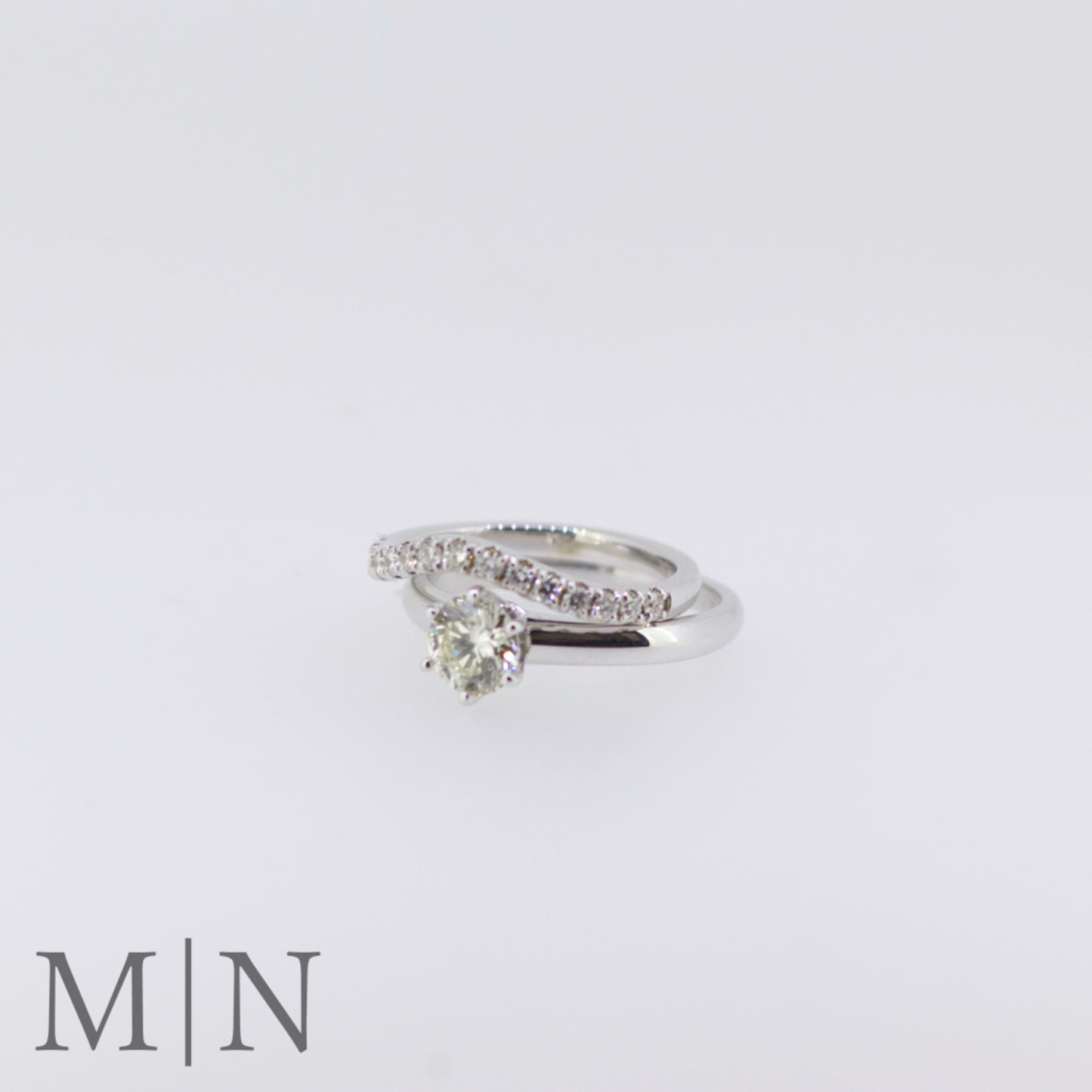 White Gold Diamond Solitaire & Curved Wedding Band Set