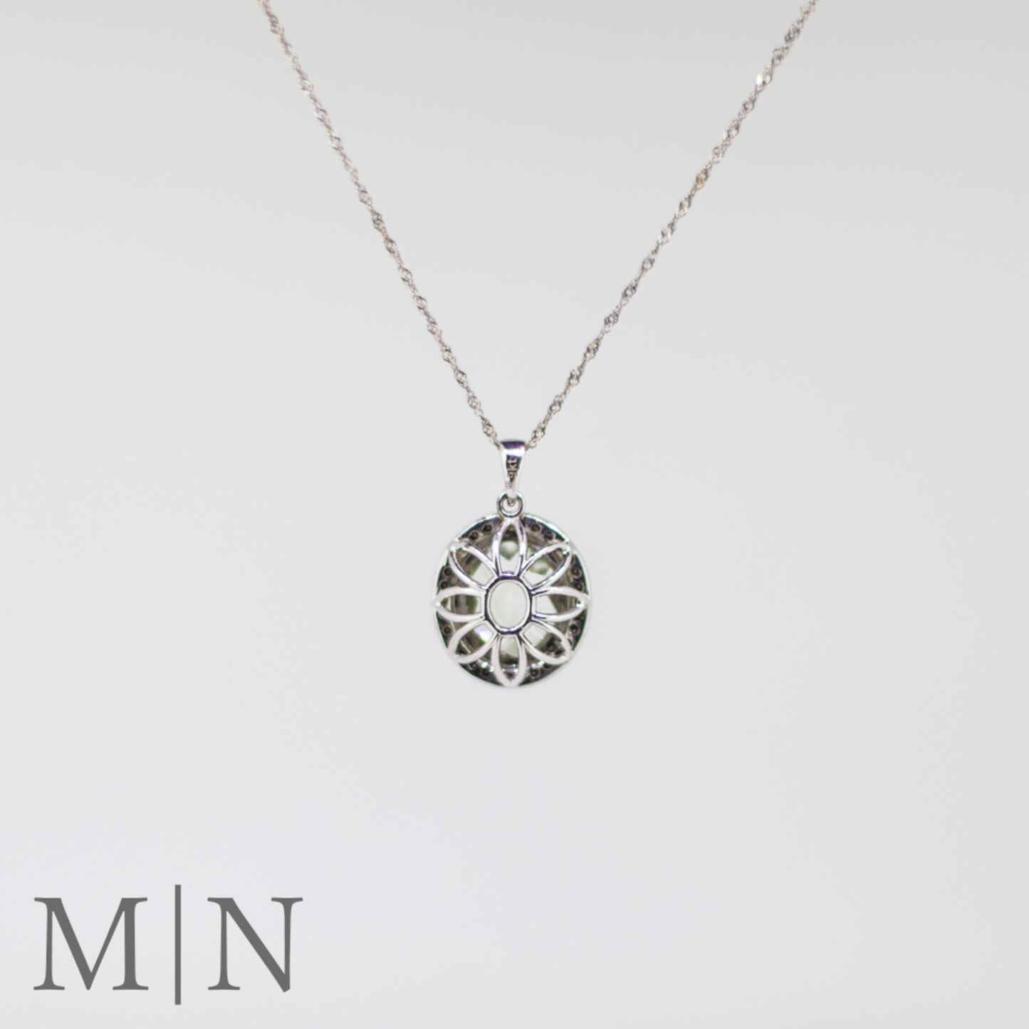 White Gold Green Amethyst and Black Diamond Necklace