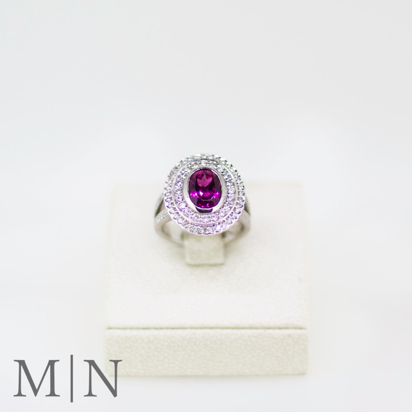 White Gold Rubelite & Diamond Double Halo Dress Ring