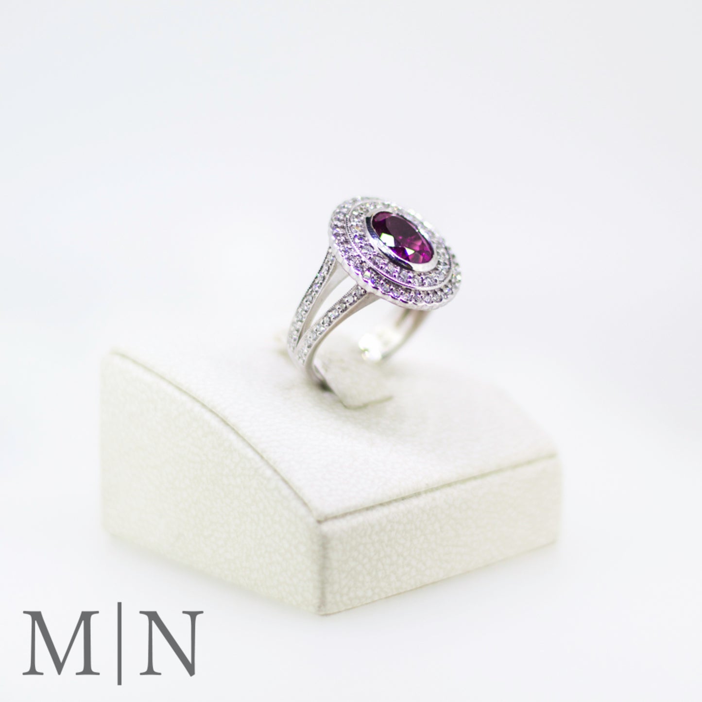 White Gold Rubelite & Diamond Double Halo Dress Ring