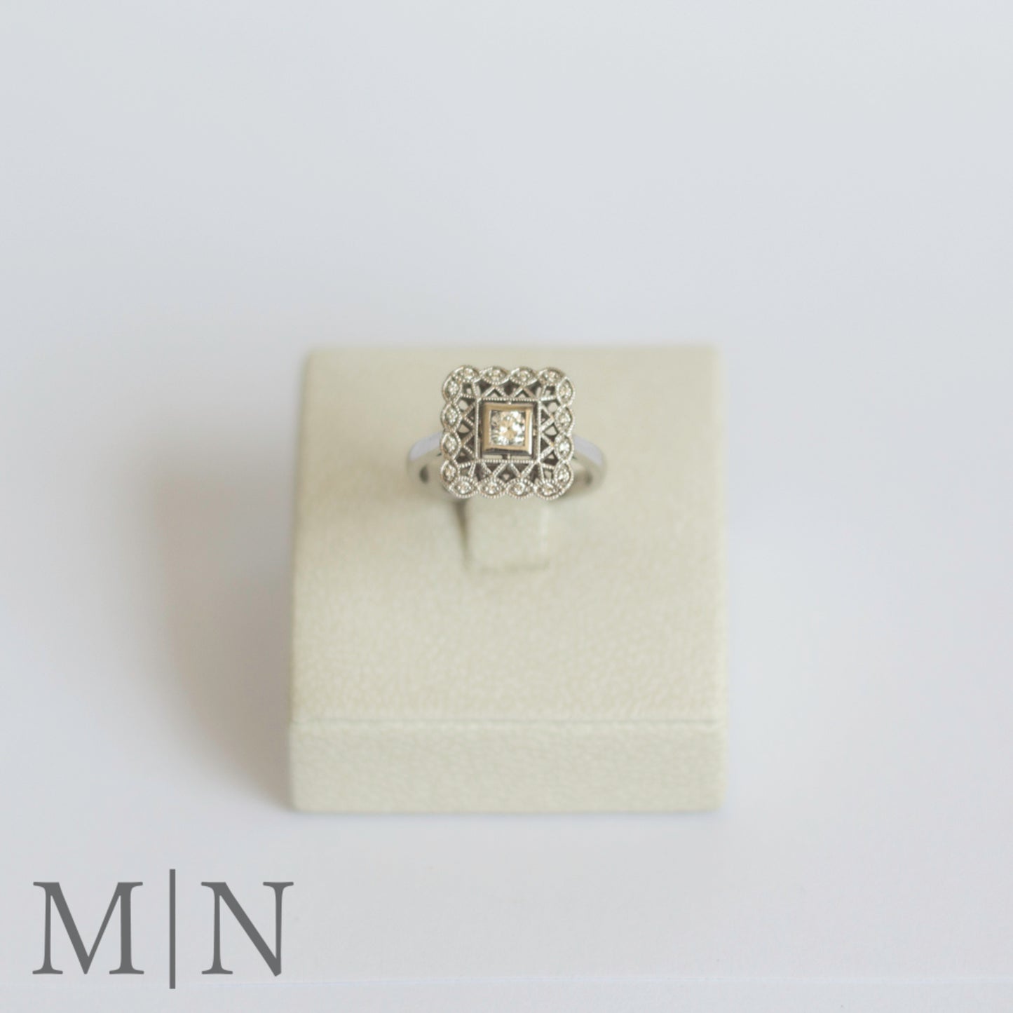 White Gold & Diamond Square Halo Ring