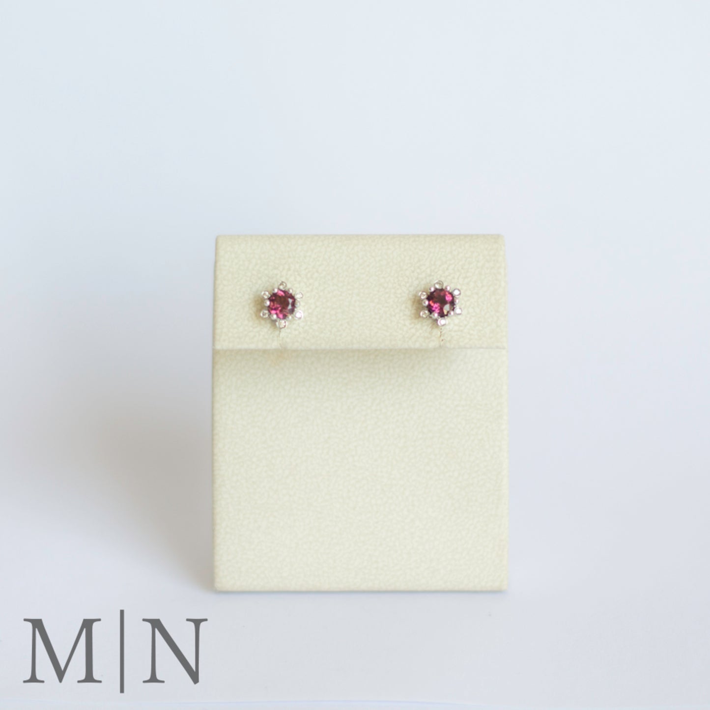 White Gold Pink Tourmaline & Diamond Flower Stud Earrings