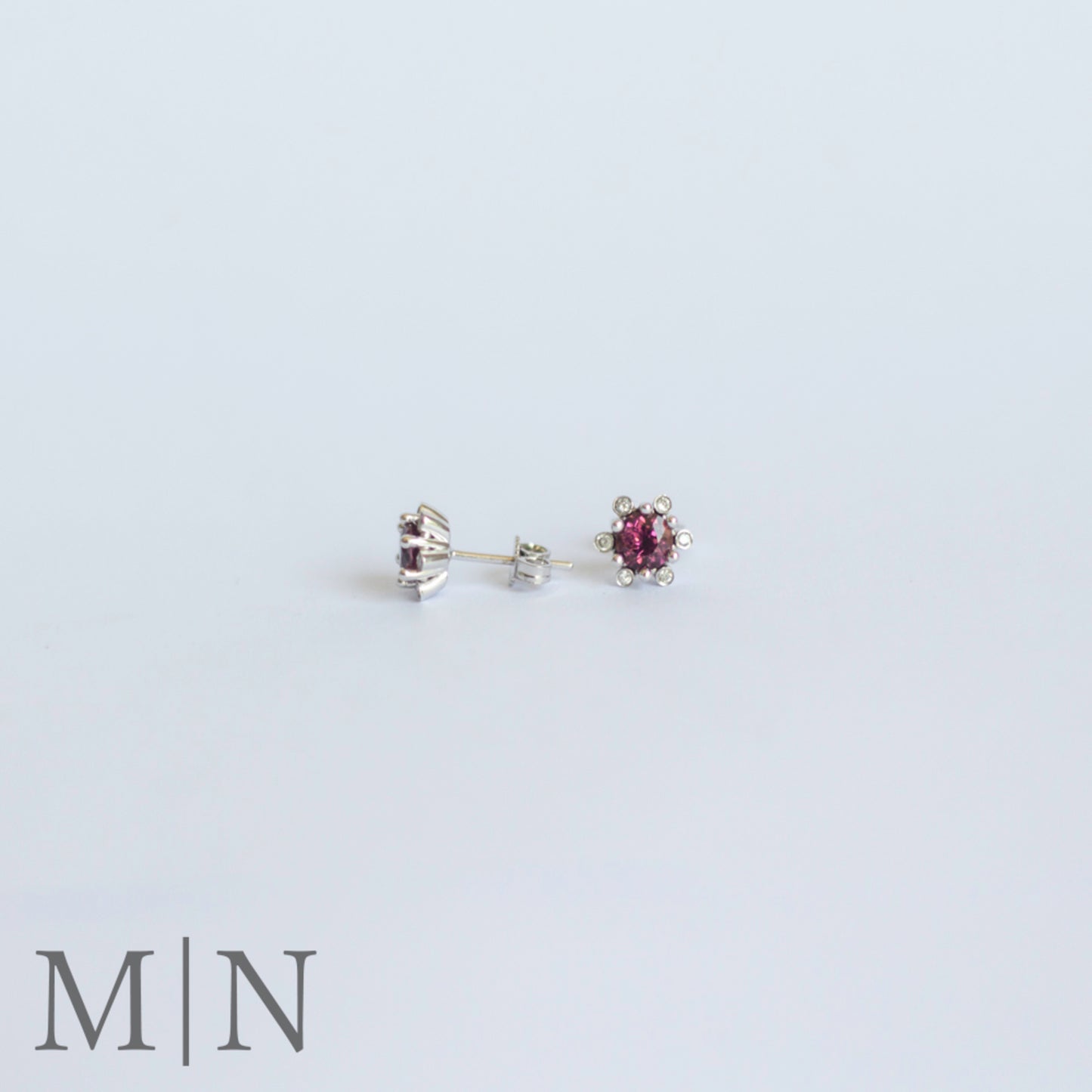 White Gold Pink Tourmaline & Diamond Flower Stud Earrings