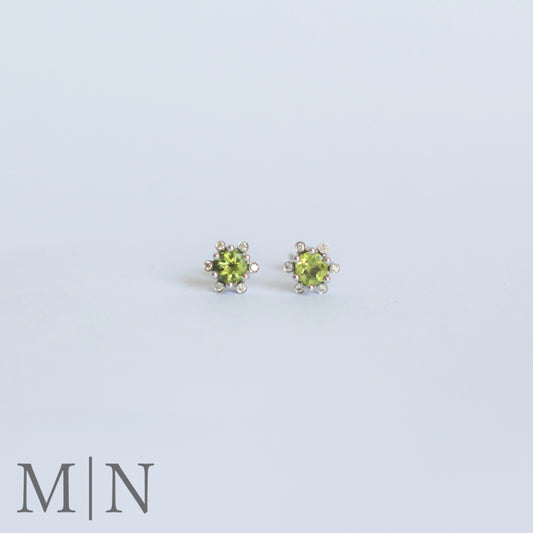 White Gold Peridot & Diamond Flower Stud Earrings