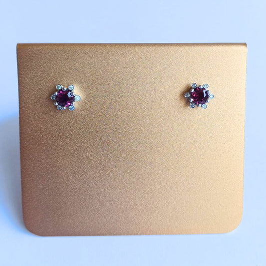 White Gold Pink Tourmaline & Diamond Flower Stud Earrings