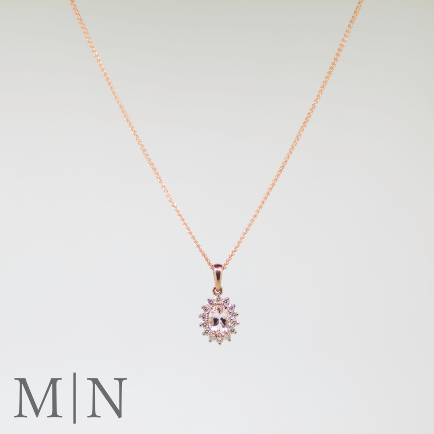 Rose Gold Morganite & Diamond Halo Necklace