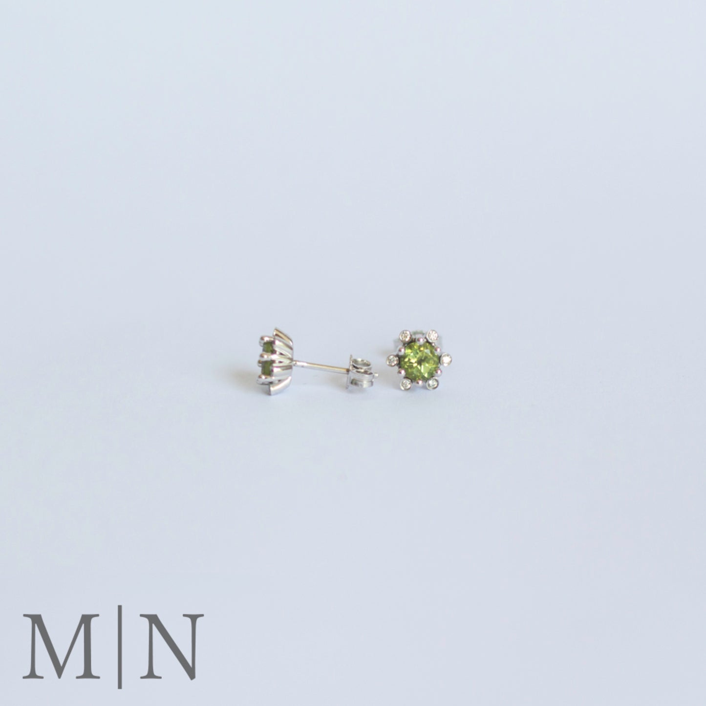 White Gold Peridot & Diamond Flower Stud Earrings
