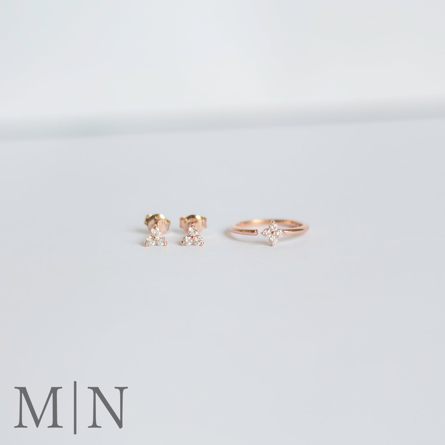 Rose Gold & Diamond Earrings & Stack Ring Set