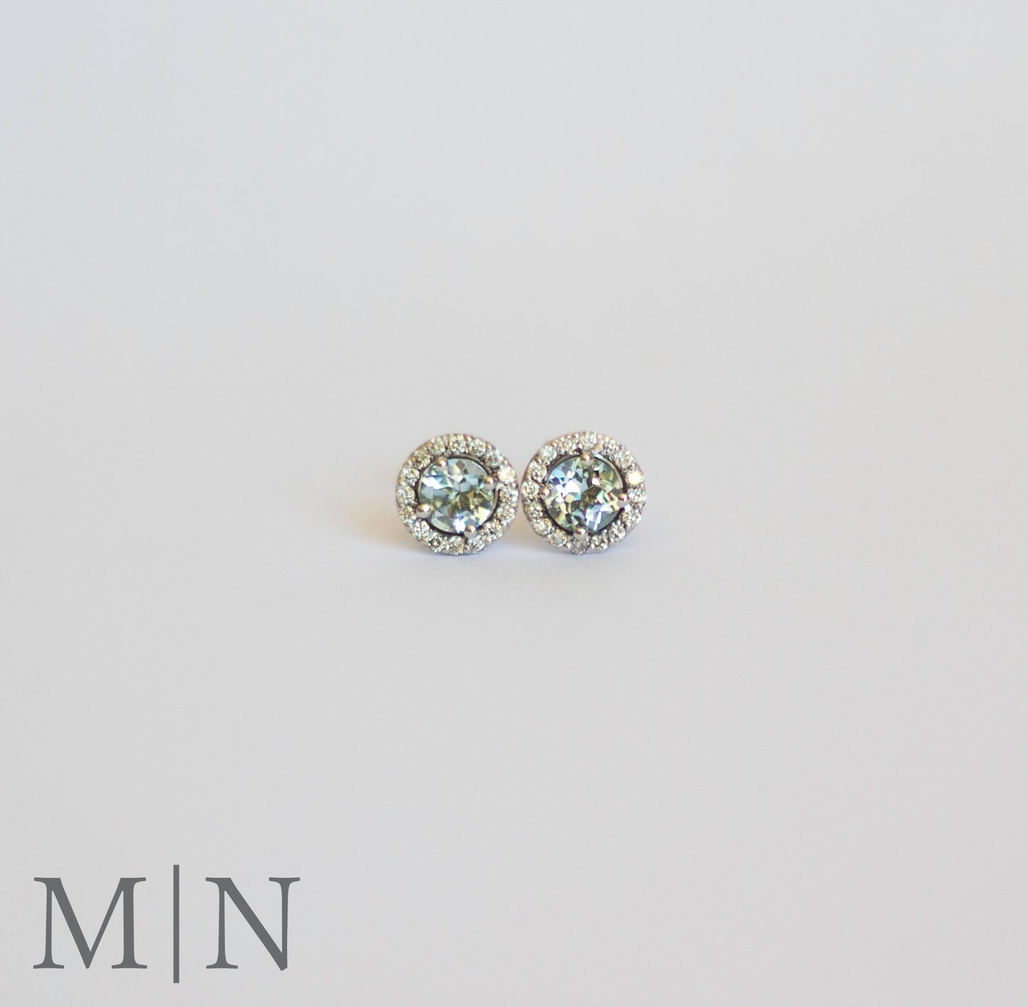 White Gold Aquamarine & Diamond Halo Stud Earrings